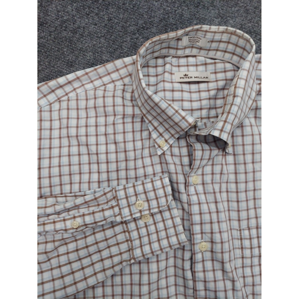 Peter Millar Shirt Men Large Tall Brown Blue Plaid Button Down Long Sleeve Dress
